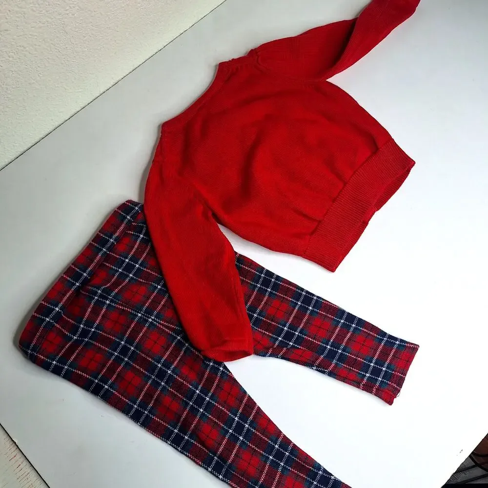 Janie and Jack Girls Plaid Tartan Holiday Outfit Cardigan Pants 12-18m Christmas